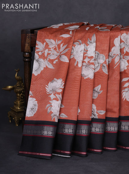 Maheshwari silk cotton saree rust shade and black with allover floral digital prints and rettapet thread woven border