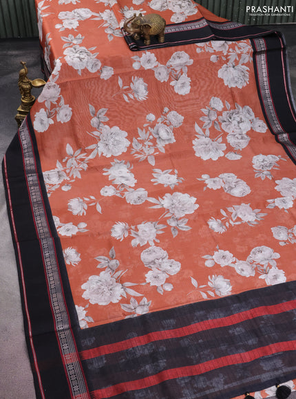 Maheshwari silk cotton saree rust shade and black with allover floral digital prints and rettapet thread woven border