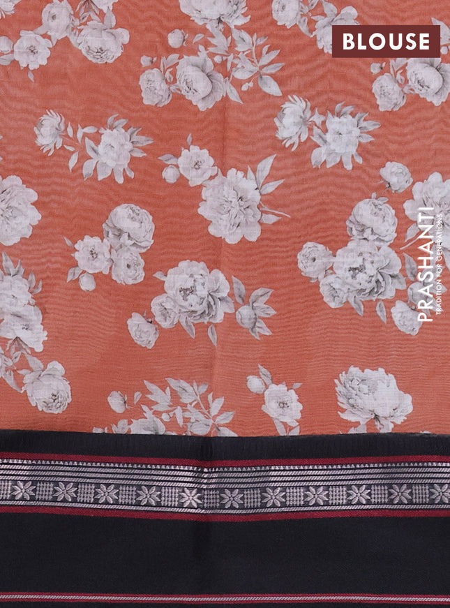 Maheshwari silk cotton saree rust shade and black with allover floral digital prints and rettapet thread woven border