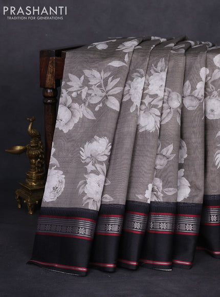 Maheshwari silk cotton saree grey and black with allover floral digital prints and rettapet thread woven border