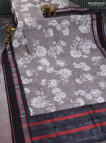 Maheshwari silk cotton saree grey and black with allover floral digital prints and rettapet thread woven border