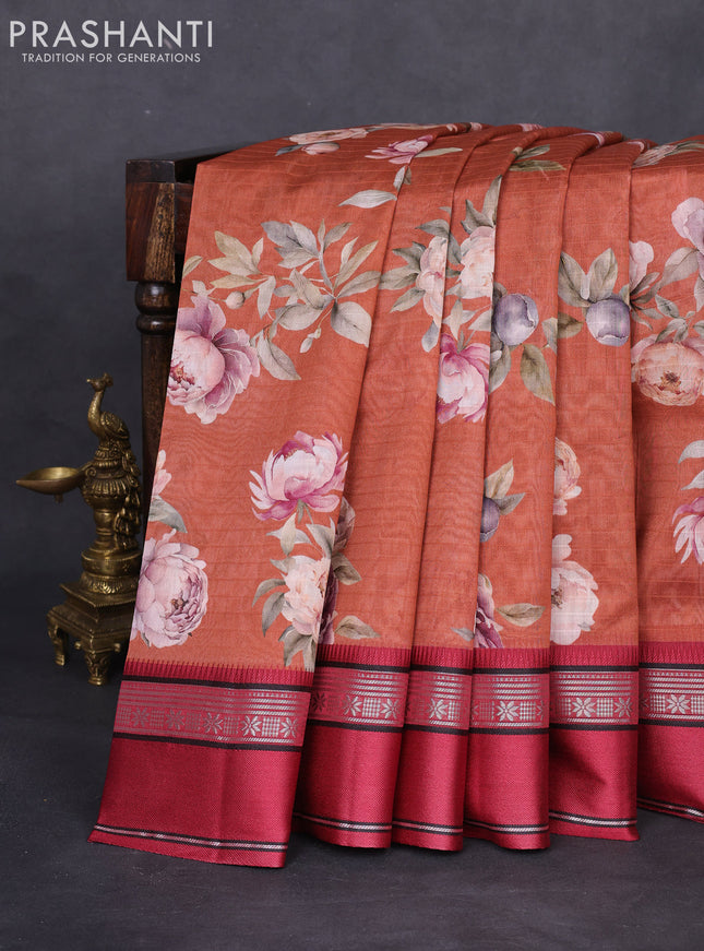 Maheshwari silk cotton saree rust shade and maroon with allover floral digital prints and rettapet thread woven border