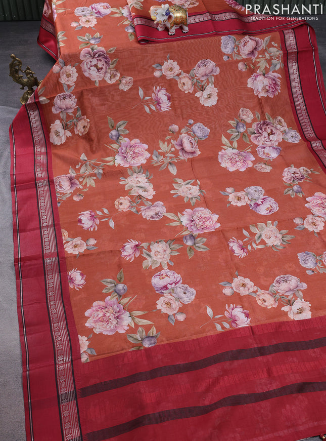 Maheshwari silk cotton saree rust shade and maroon with allover floral digital prints and rettapet thread woven border