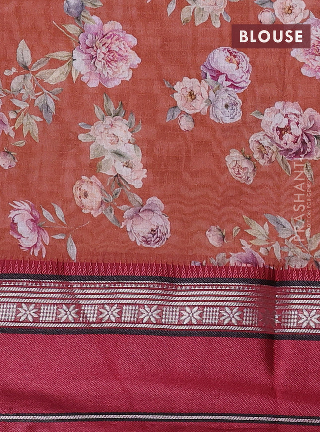 Maheshwari silk cotton saree rust shade and maroon with allover floral digital prints and rettapet thread woven border