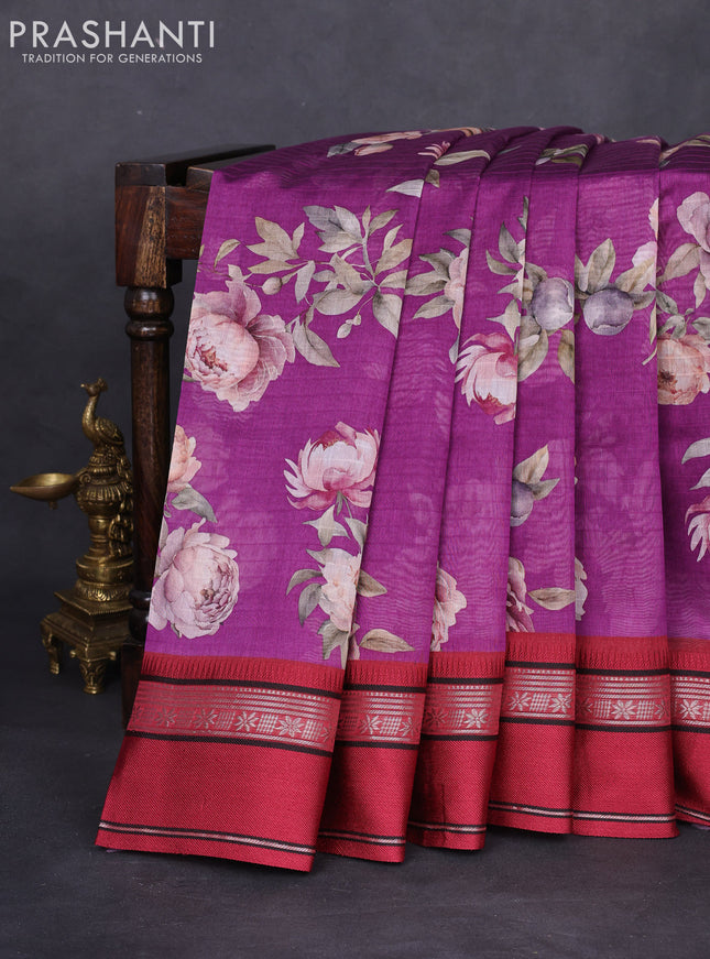 Maheshwari silk cotton saree purple and maroon with allover floral digital prints and rettapet thread woven border