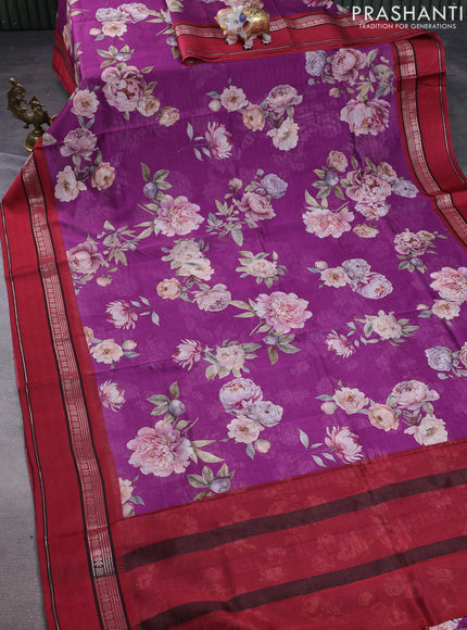 Maheshwari silk cotton saree purple and maroon with allover floral digital prints and rettapet thread woven border