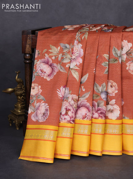 Maheshwari silk cotton saree rust shade and yellow with allover floral digital prints and rettapet thread woven border