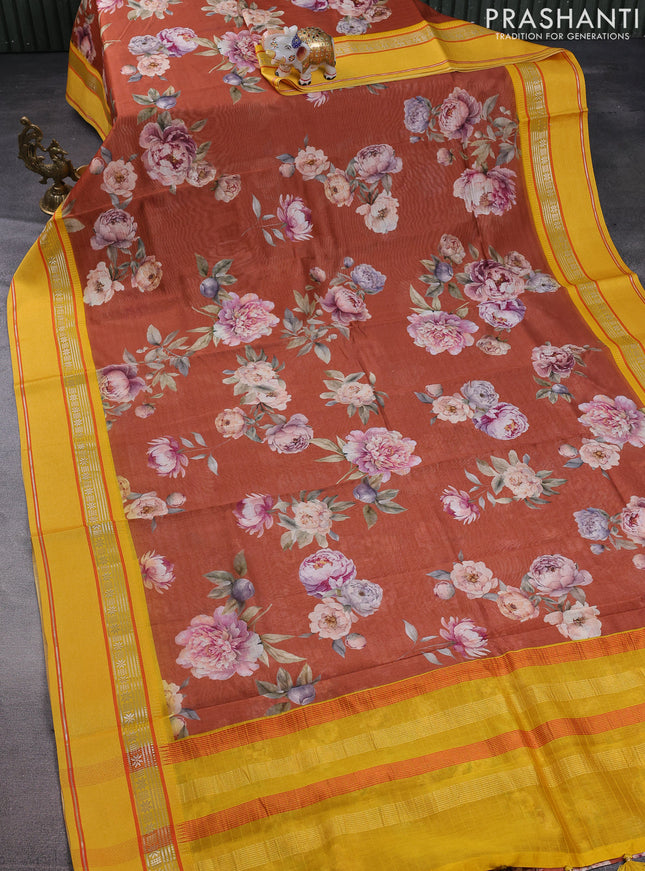 Maheshwari silk cotton saree rust shade and yellow with allover floral digital prints and rettapet thread woven border