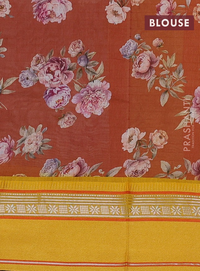 Maheshwari silk cotton saree rust shade and yellow with allover floral digital prints and rettapet thread woven border