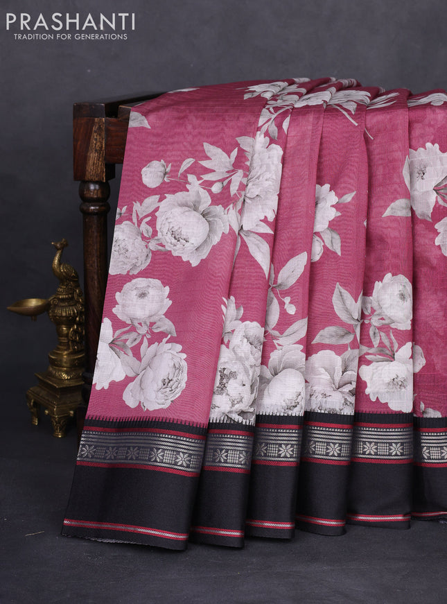 Maheshwari silk cotton saree pastel maroon and black with allover floral digital prints and rettapet thread woven border