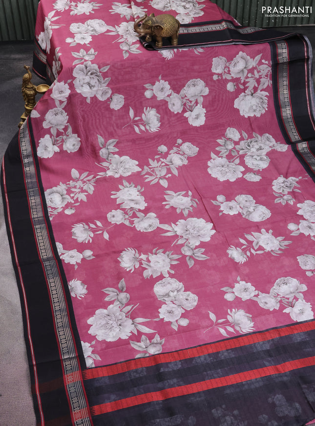 Maheshwari silk cotton saree pastel maroon and black with allover floral digital prints and rettapet thread woven border