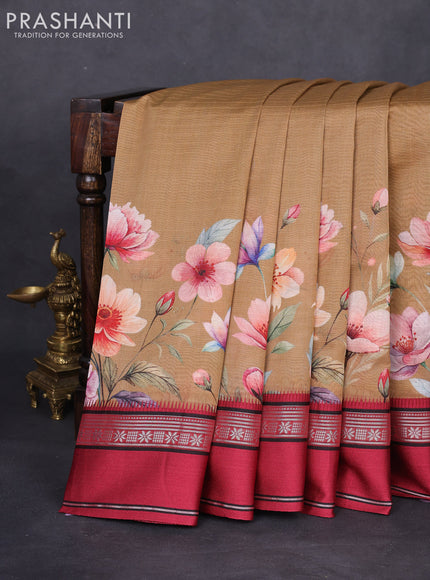 Maheshwari silk cotton saree dark sandal and maroon with allover floral digital prints and rettapet thread woven border