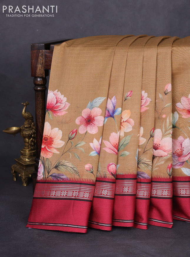 Maheshwari silk cotton saree dark sandal and maroon with allover floral digital prints and rettapet thread woven border