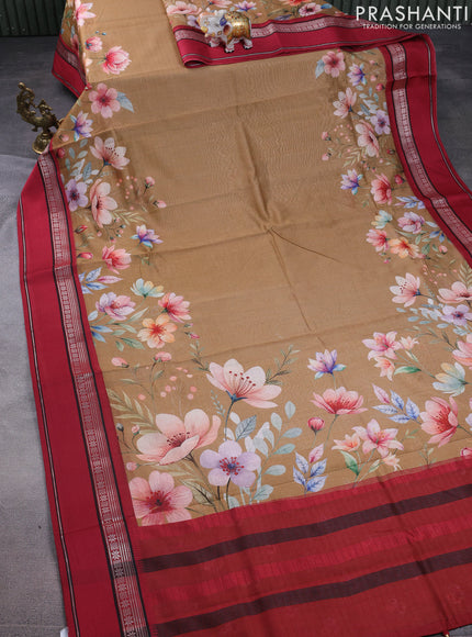 Maheshwari silk cotton saree dark sandal and maroon with allover floral digital prints and rettapet thread woven border
