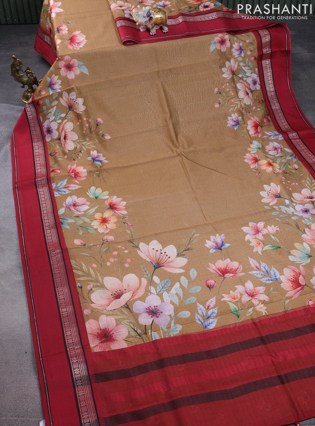 Maheshwari silk cotton saree dark sandal and maroon with allover floral digital prints and rettapet thread woven border
