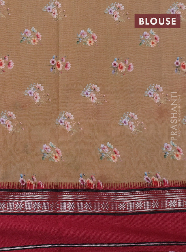 Maheshwari silk cotton saree dark sandal and maroon with allover floral digital prints and rettapet thread woven border