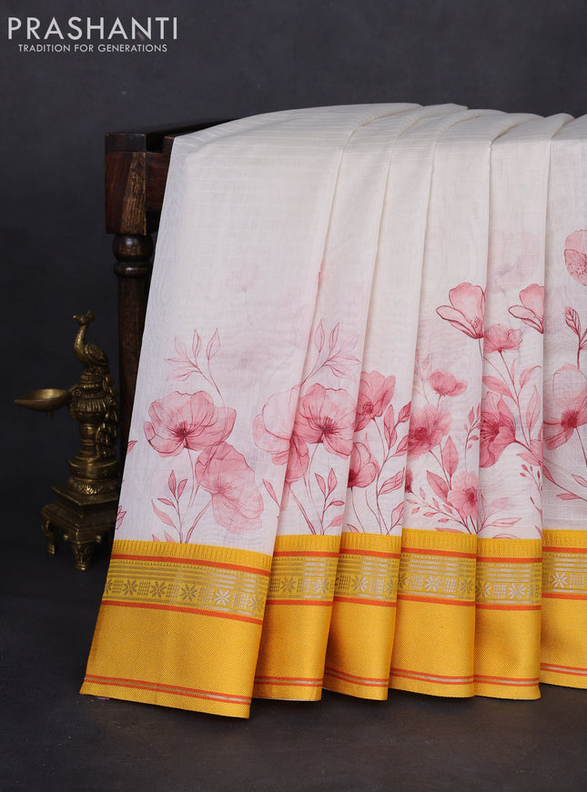Maheshwari silk cotton saree off white and yellow with allover floral digital prints and rettapet thread woven border