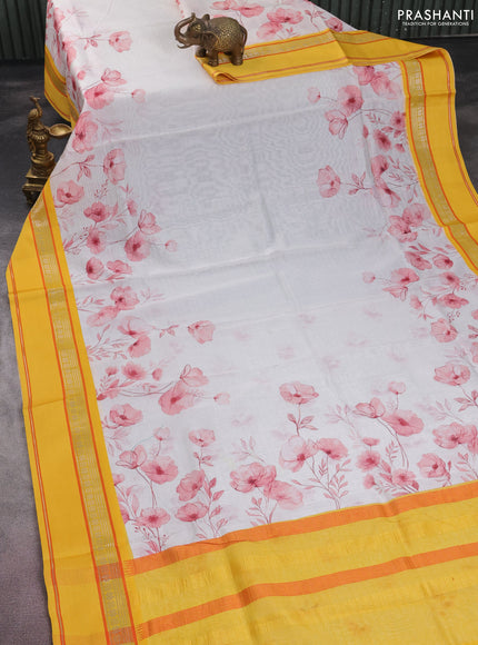 Maheshwari silk cotton saree off white and yellow with allover floral digital prints and rettapet thread woven border