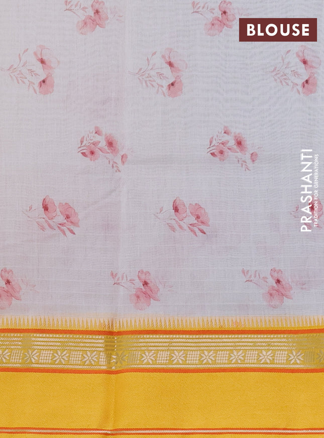 Maheshwari silk cotton saree off white and yellow with allover floral digital prints and rettapet thread woven border