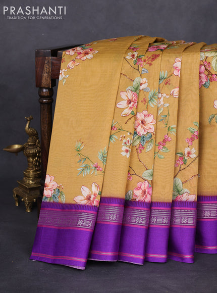 Maheshwari silk cotton saree dark mustard and purple with allover floral digital prints and rettapet thread woven border