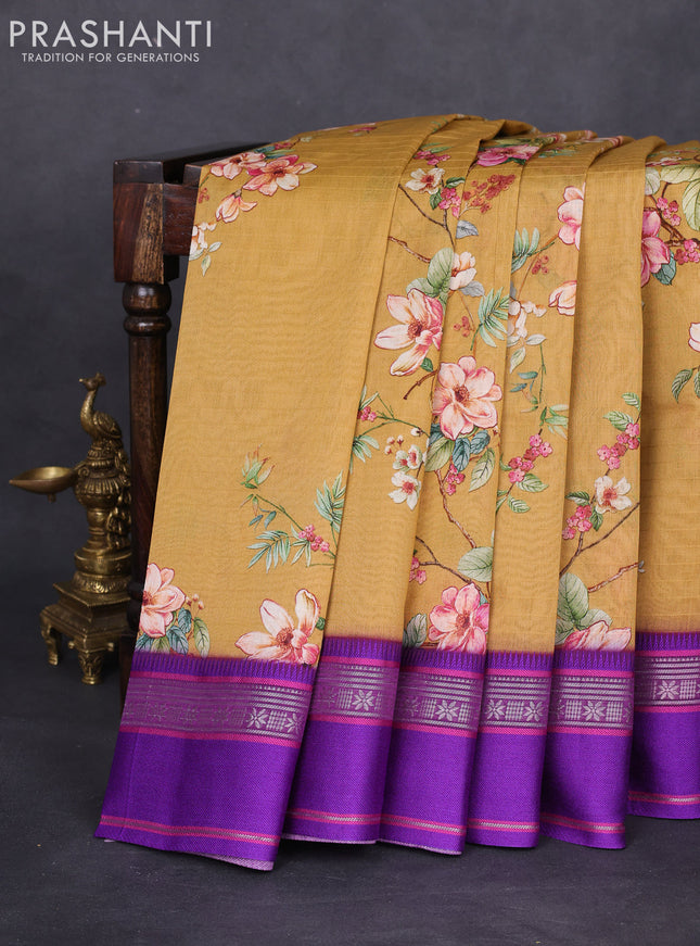 Maheshwari silk cotton saree dark mustard and purple with allover floral digital prints and rettapet thread woven border