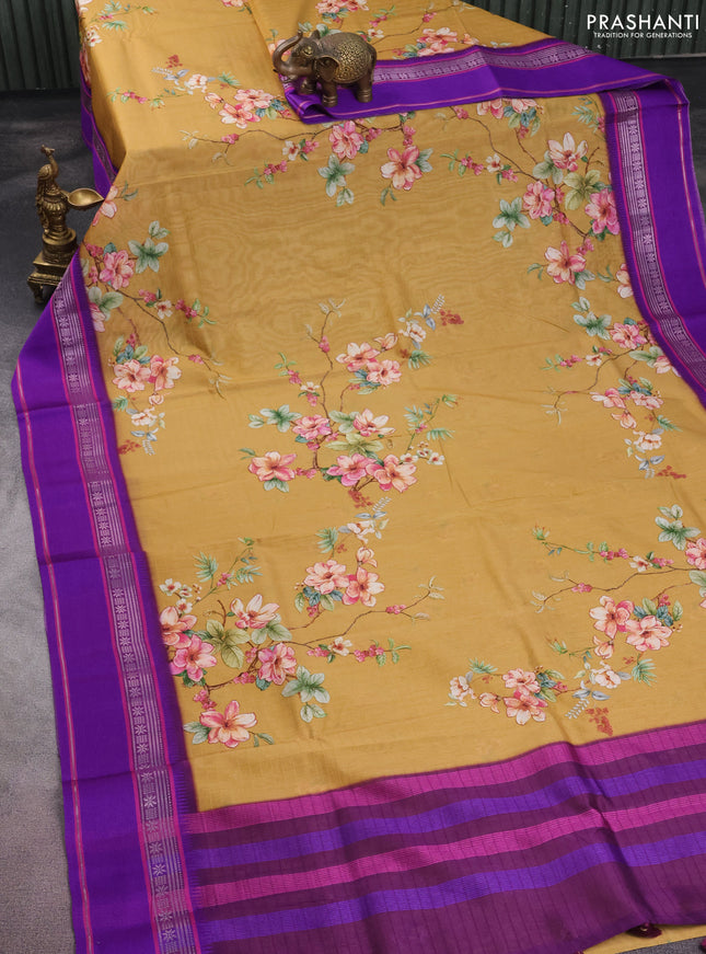 Maheshwari silk cotton saree dark mustard and purple with allover floral digital prints and rettapet thread woven border