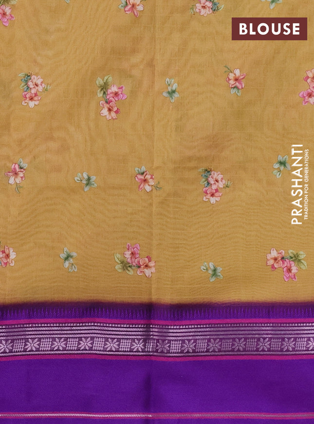 Maheshwari silk cotton saree dark mustard and purple with allover floral digital prints and rettapet thread woven border