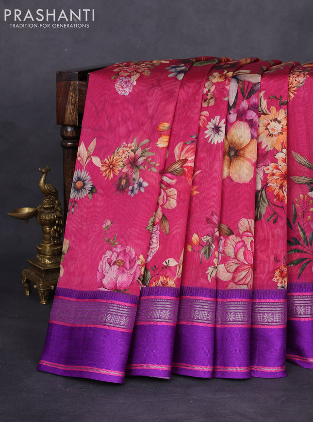 Maheshwari silk cotton saree dark pink and purple with allover floral digital prints and rettapet thread woven border