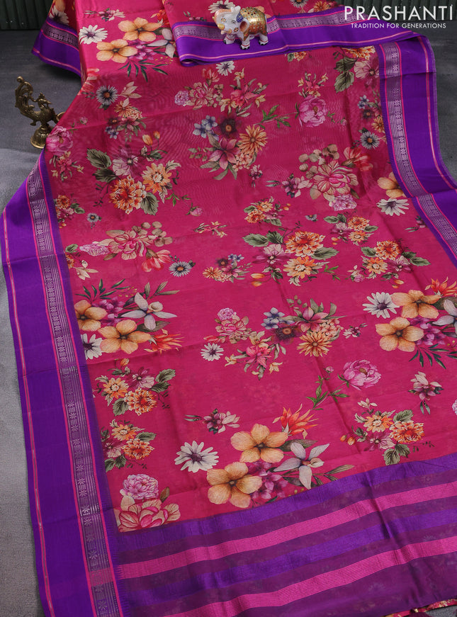 Maheshwari silk cotton saree dark pink and purple with allover floral digital prints and rettapet thread woven border
