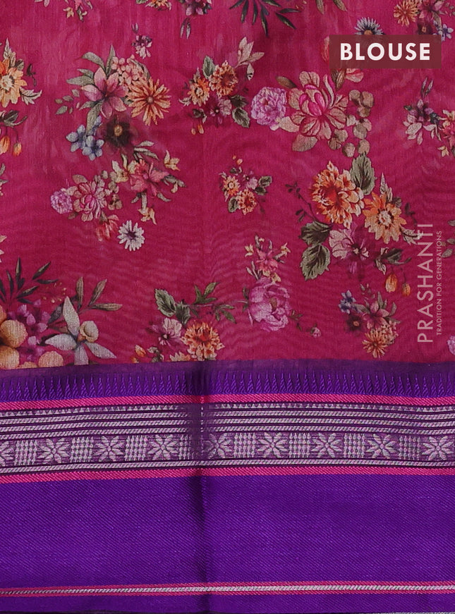 Maheshwari silk cotton saree dark pink and purple with allover floral digital prints and rettapet thread woven border