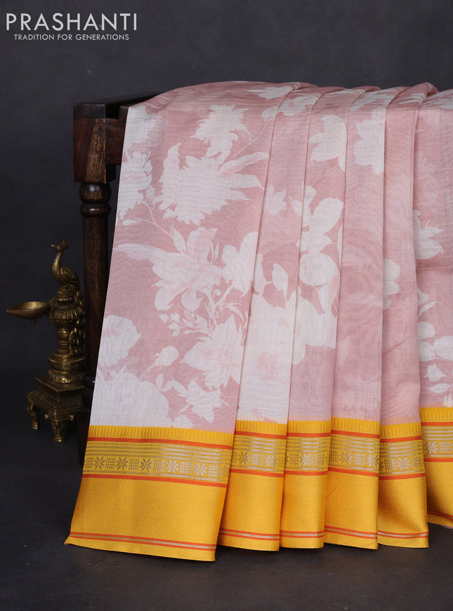 Maheshwari silk cotton saree pastel peach and yellow with allover floral digital prints and rettapet thread woven border