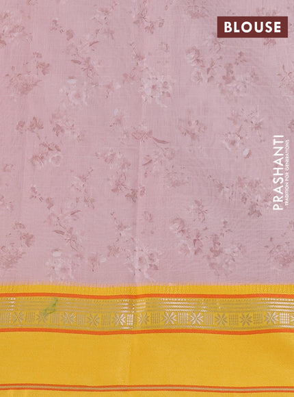 Maheshwari silk cotton saree pastel peach and yellow with allover floral digital prints and rettapet thread woven border