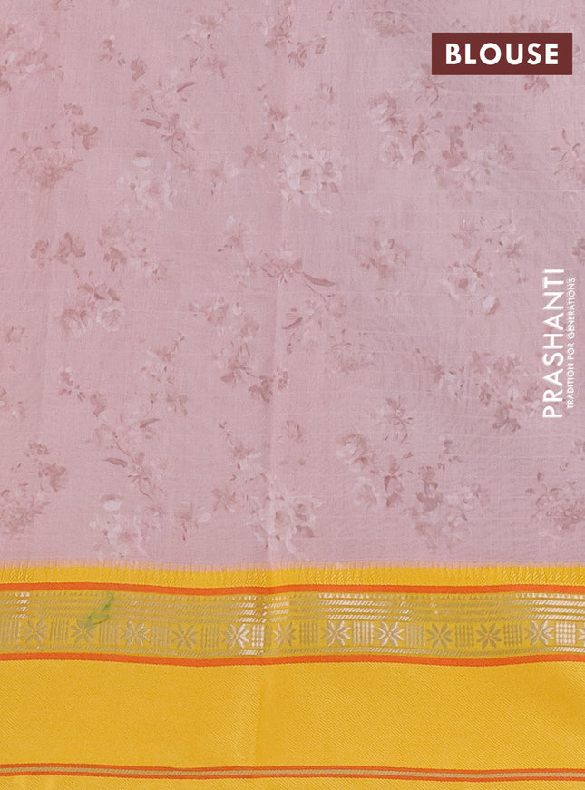 Maheshwari silk cotton saree pastel peach and yellow with allover floral digital prints and rettapet thread woven border