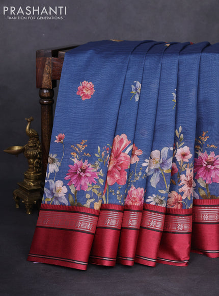 Maheshwari silk cotton saree peacock blue and maroon with allover floral digital butta prints and rettapet thread woven border