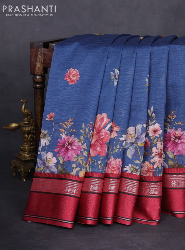 Maheshwari silk cotton saree peacock blue and maroon with allover floral digital butta prints and rettapet thread woven border