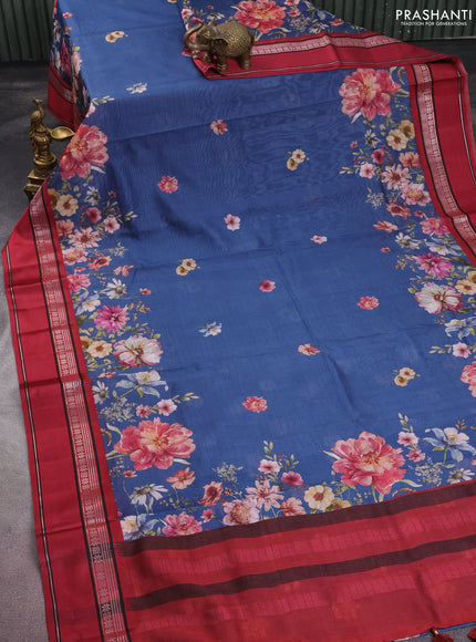 Maheshwari silk cotton saree peacock blue and maroon with allover floral digital butta prints and rettapet thread woven border
