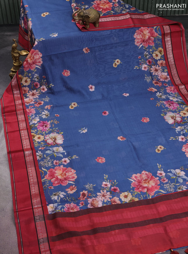 Maheshwari silk cotton saree peacock blue and maroon with allover floral digital butta prints and rettapet thread woven border