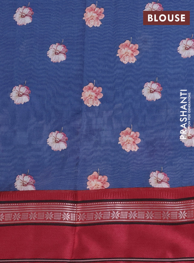 Maheshwari silk cotton saree peacock blue and maroon with allover floral digital butta prints and rettapet thread woven border