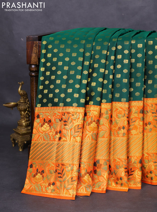 Pure kanchipuram silk saree green and orange with annam & floral zari woven buttas and long rich minakari border