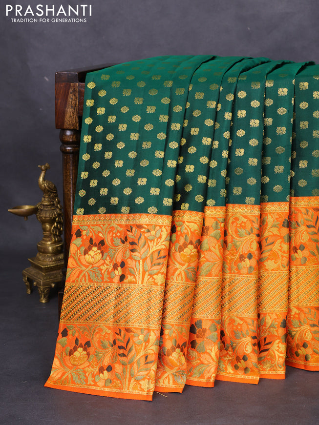 Pure kanchipuram silk saree green and orange with annam & floral zari woven buttas and long rich minakari border