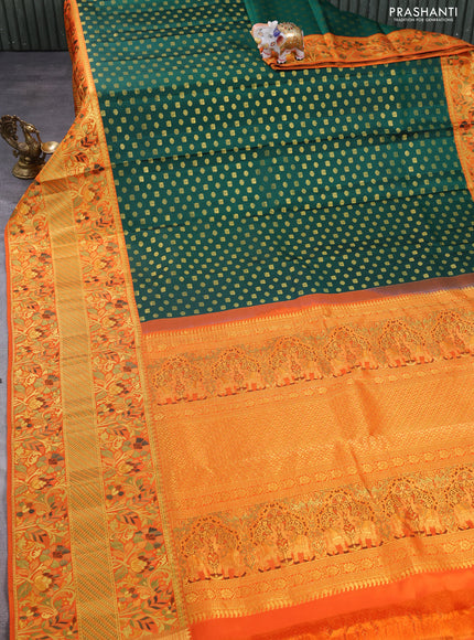 Pure kanchipuram silk saree green and orange with annam & floral zari woven buttas and long rich minakari border