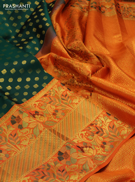 Pure kanchipuram silk saree green and orange with annam & floral zari woven buttas and long rich minakari border