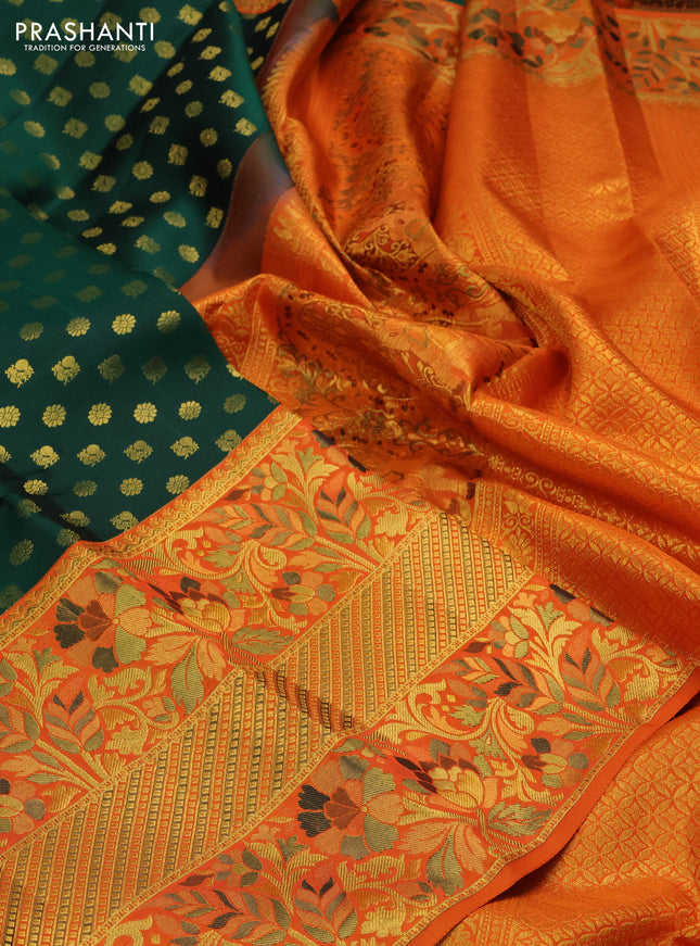Pure kanchipuram silk saree green and orange with annam & floral zari woven buttas and long rich minakari border