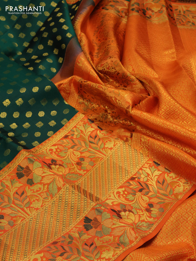 Pure kanchipuram silk saree green and orange with annam & floral zari woven buttas and long rich minakari border