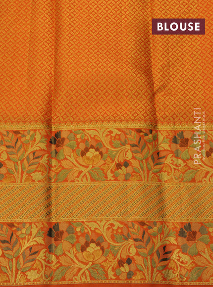 Pure kanchipuram silk saree green and orange with annam & floral zari woven buttas and long rich minakari border