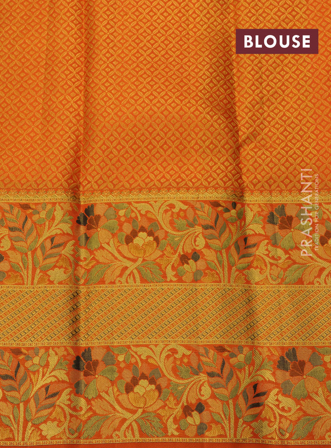 Pure kanchipuram silk saree green and orange with annam & floral zari woven buttas and long rich minakari border