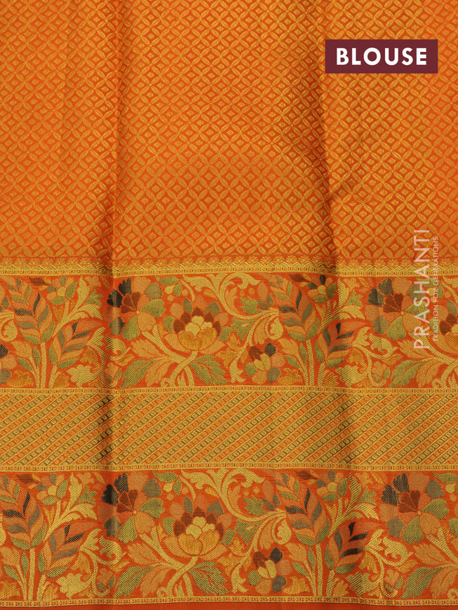 Pure kanchipuram silk saree green and orange with annam & floral zari woven buttas and long rich minakari border
