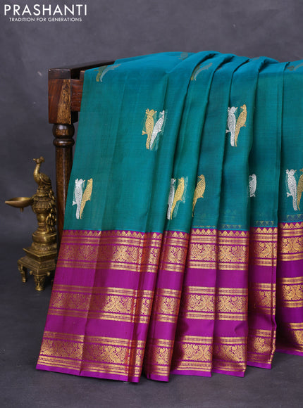 Kanchipuram kora silk saree teal green and purple with silver & gold zari woven buttas and long zari woven border