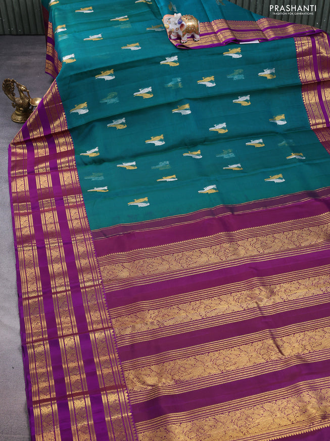 Kanchipuram kora silk saree teal green and purple with silver & gold zari woven buttas and long zari woven border