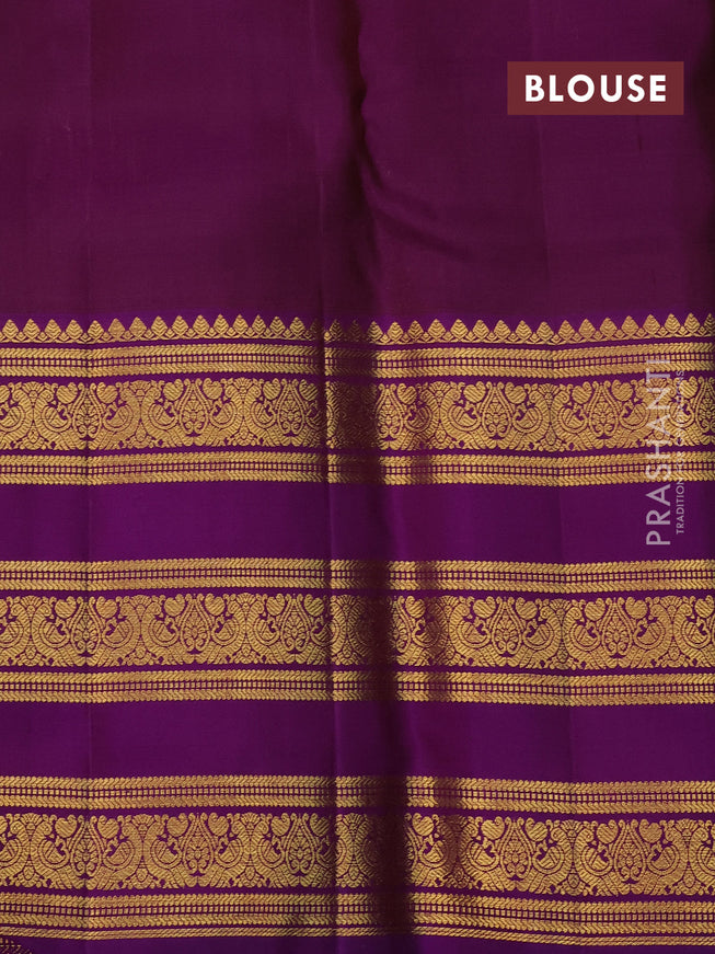Kanchipuram kora silk saree teal green and purple with silver & gold zari woven buttas and long zari woven border